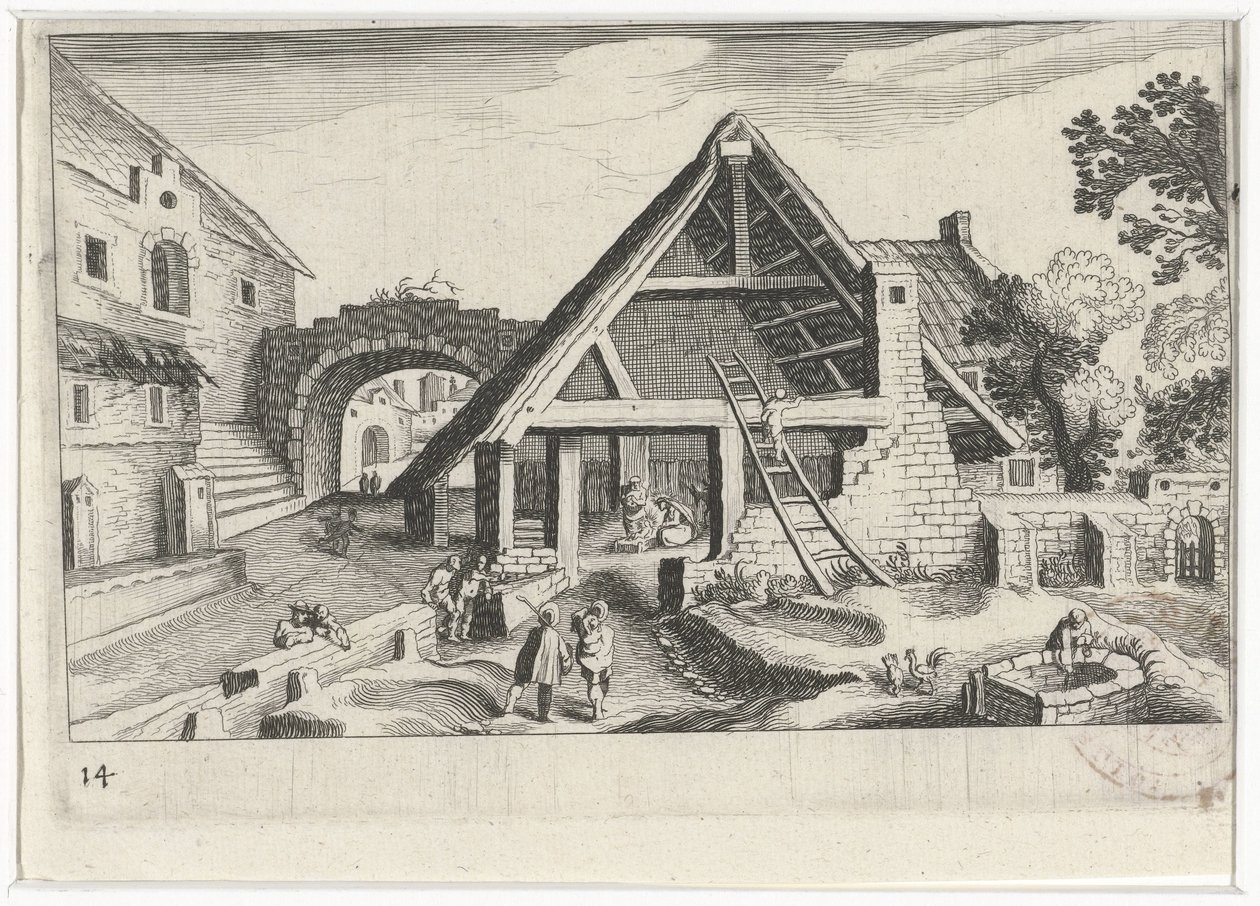 Falukép a Szent Családdal Dél-európai tájak (sorozat címe) Topographia variarum regionum (sorozat címe) alkotó: Simon Frisius
