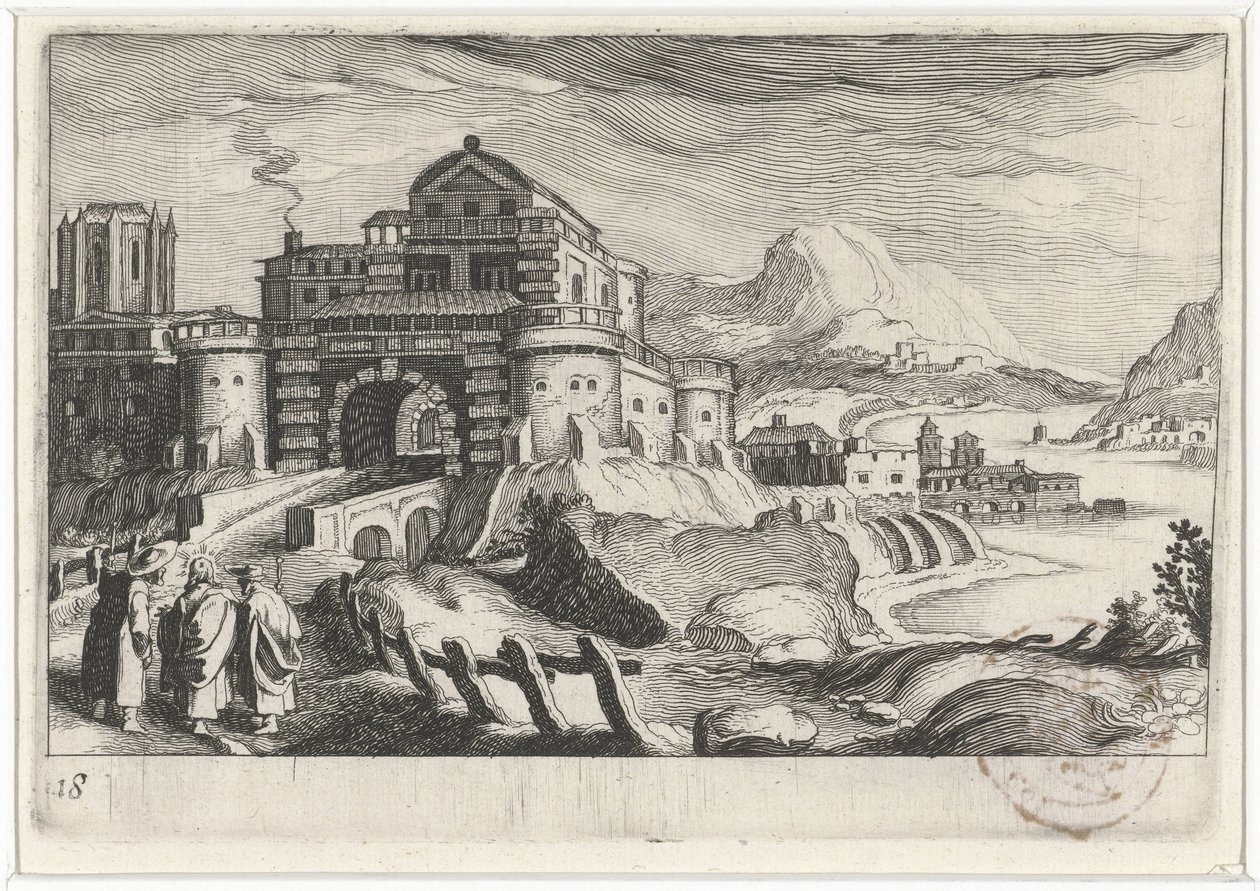 Emmäus emberek a város kapuja előtt egy hegyi tájon Dél-európai tájak (sorozat címe) Topographia variarum regionum (sorozat címe) alkotó: Simon Frisius