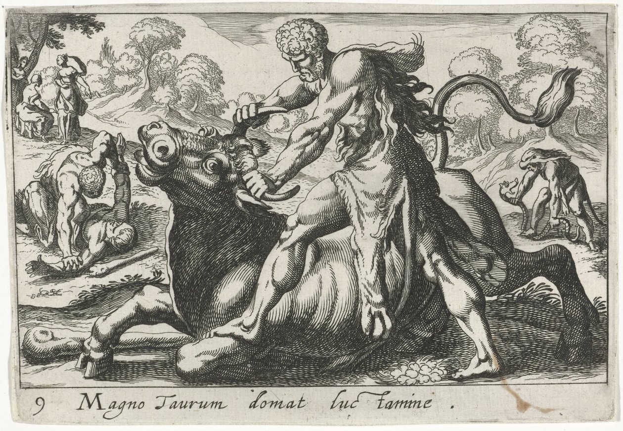 Herkules csatában Achelousszal Nagy bikát szelídít meg birkózással (cím a tárgyon) Herculische téma (sorozat címe) alkotó: Simon Frisius
