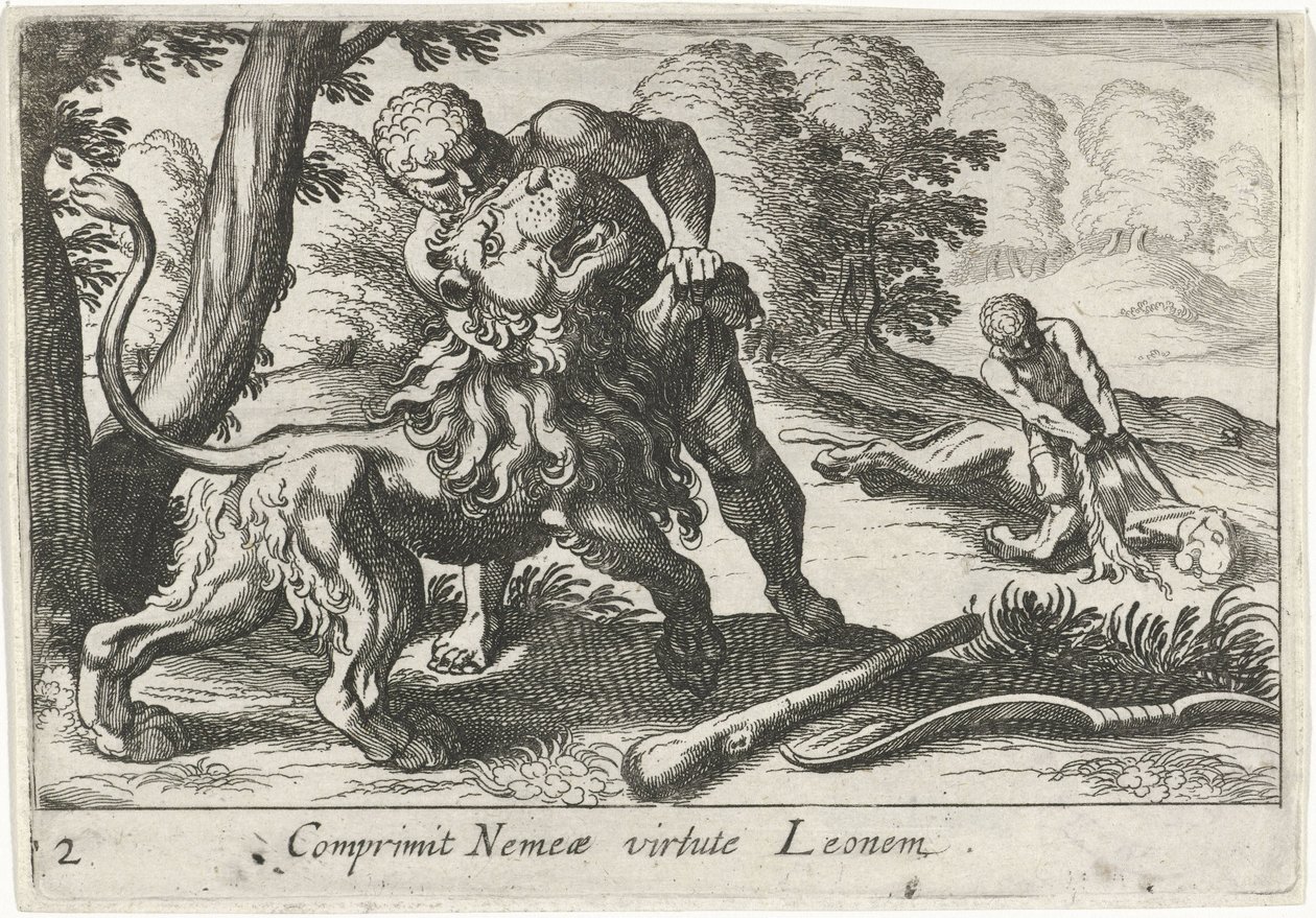 Herkules a nemeai oroszlán ellen harcol Comprimit Nemeae virtute Leonem (cím a tárgyon) Herkulesi témák (sorozat címe) alkotó: Simon Frisius