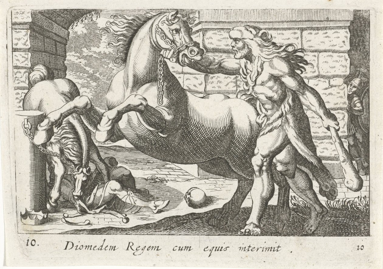 Hercules temt de paarden van Diomedes Diomedes, a király lovakkal (cím a tárgyon) Herculische téma (sorozat címe) alkotó: Simon Frisius