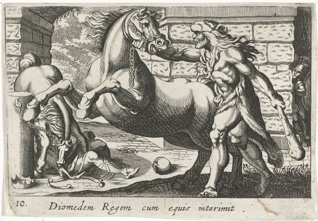 Hercules temt de paarden van Diomedes Diomédész király lovakkal (cím a tárgyon) Herculische téma (sorozat címe) alkotó: Simon Frisius