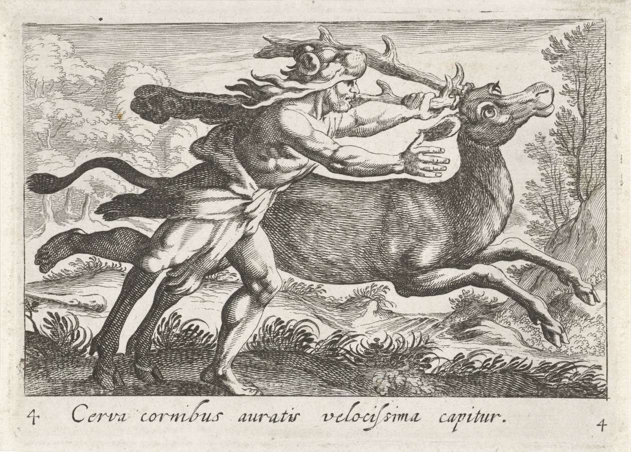 Hercules vangt de Hind van Cerynea Nagyon gyorsan elkapnak egy aranyszarvú szarvast (cím a tárgyon) Herculische téma (sorozat címe) alkotó: Simon Frisius