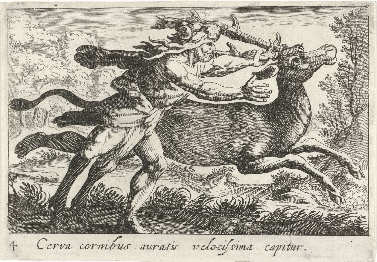 Hercules vangt de Hind van Cerynea Nagyon gyorsan elkapnak egy aranyszarvú szarvast (cím a tárgyon) Herculische téma (sorozat címe) alkotó: Simon Frisius