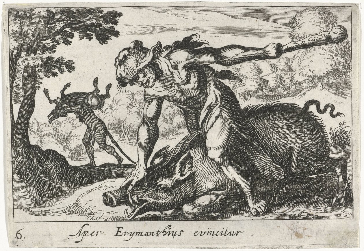 Herkules elfogja Erymanthus disznóit Aper Erymanthius evincitur (cím a tárgyon) Herkulesi témák (sorozat címe) alkotó: Simon Frisius