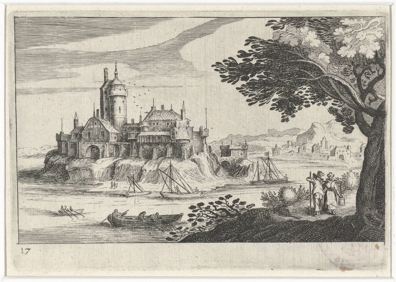 Dombos táj kastéllyal a szigeten Dél-európai tájak (sorozat címe) Topographia variarum regionum (sorozat címe) alkotó: Simon Frisius