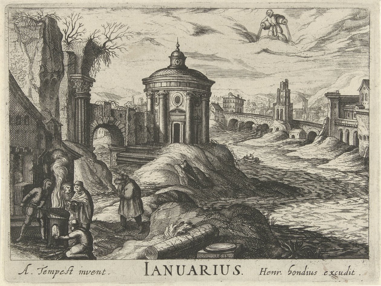 január Ianuarius (cím a tárgyon) Tizenkét hónap (sorozat címe) alkotó: Simon Frisius