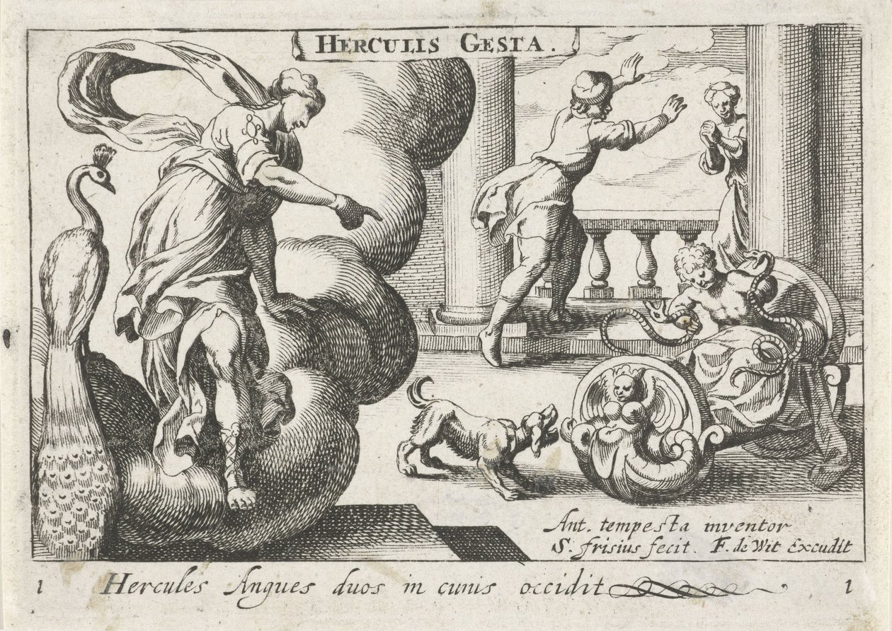 Jonge Hercules wurgt twee szleng Herkules megöl két kígyót a bölcsőjükben (cím a tárgyon) Herculische téma (sorozat címe) Hercules (sorozat címe az objektumon) alkotó: Simon Frisius