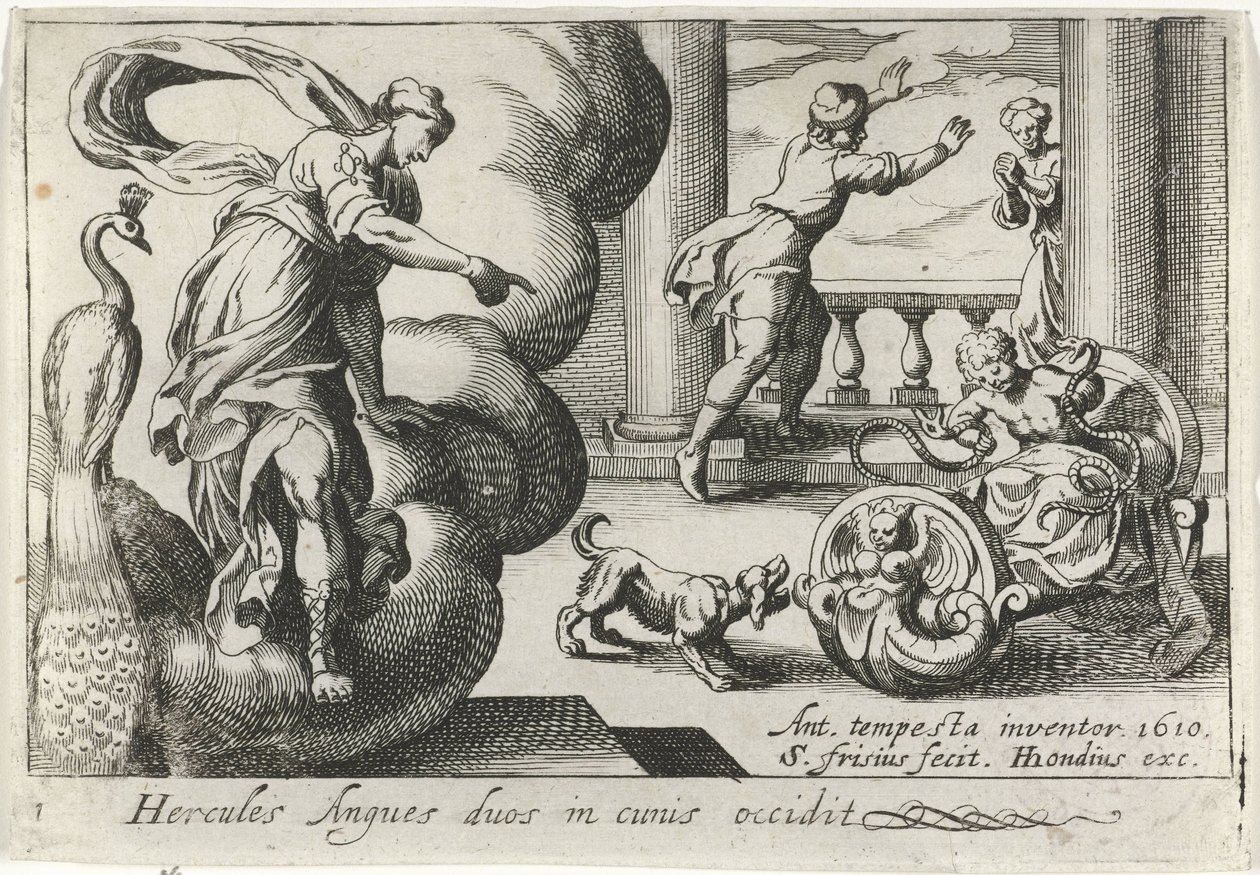 Jonge Hercules wurgt twee szleng Herkules megöl két kígyót a bölcsőjükben (cím a tárgyon) Herculische téma (sorozat címe) alkotó: Simon Frisius