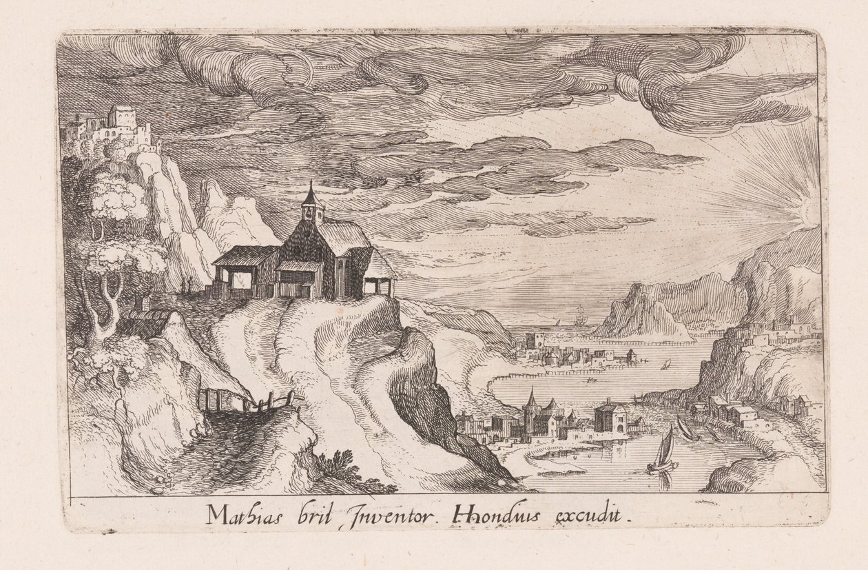 Tájkép egy folyóvölgydel és egy dombon álló templommal, a Topographia Variarum Regionumból alkotó: Simon Frisius