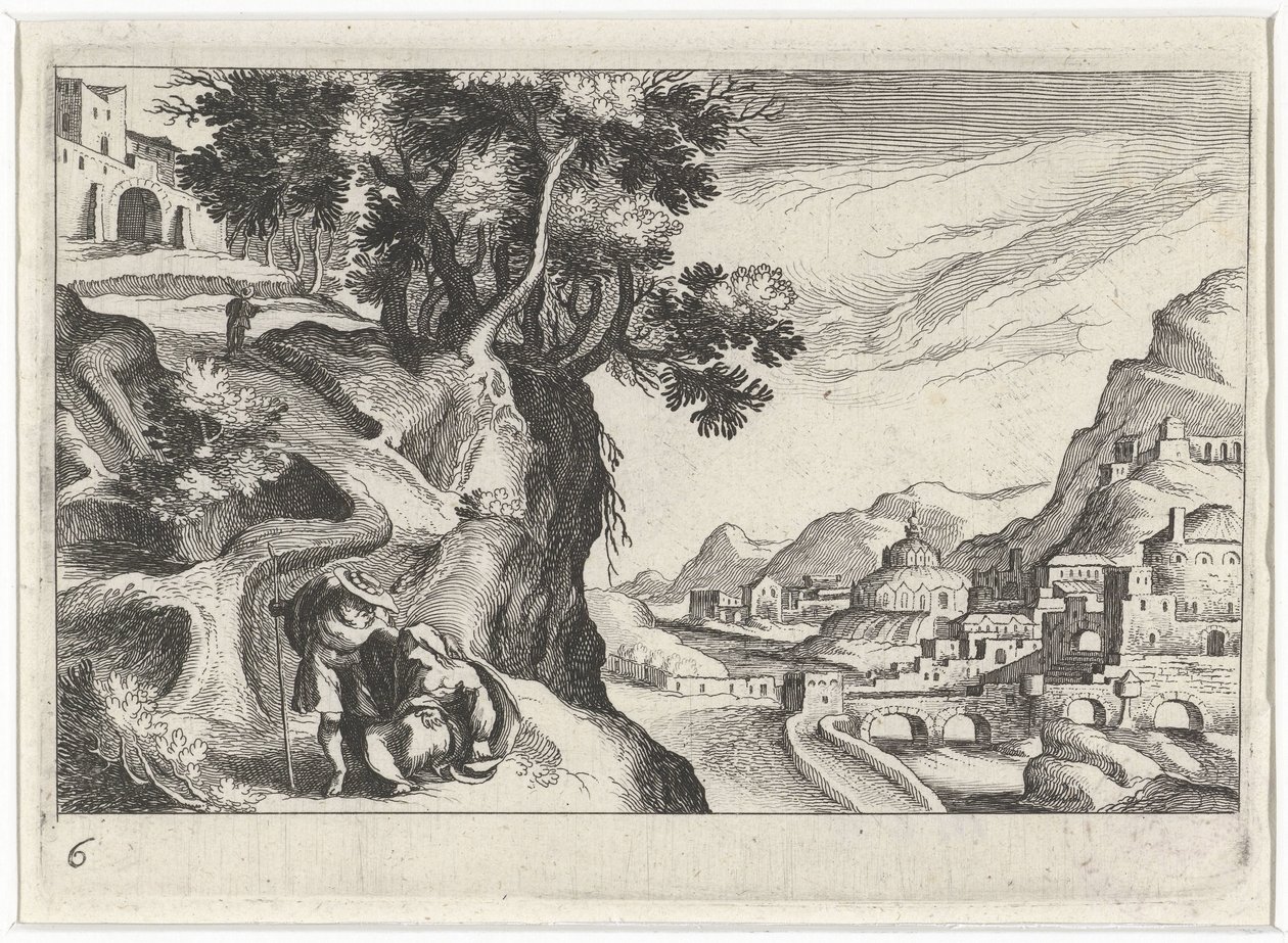 Landschap találkozott Juda en Tamarral Zuid-európai táj (sorozat címe) Különböző régiók topográfiája (sorozat címe) alkotó: Simon Frisius