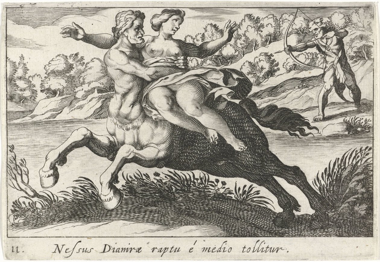 Nessus megpróbálja megrázni Deïanirát A Dianira kötése eltávolítva középről (cím a tárgyon) Herculische téma (sorozat címe) alkotó: Simon Frisius