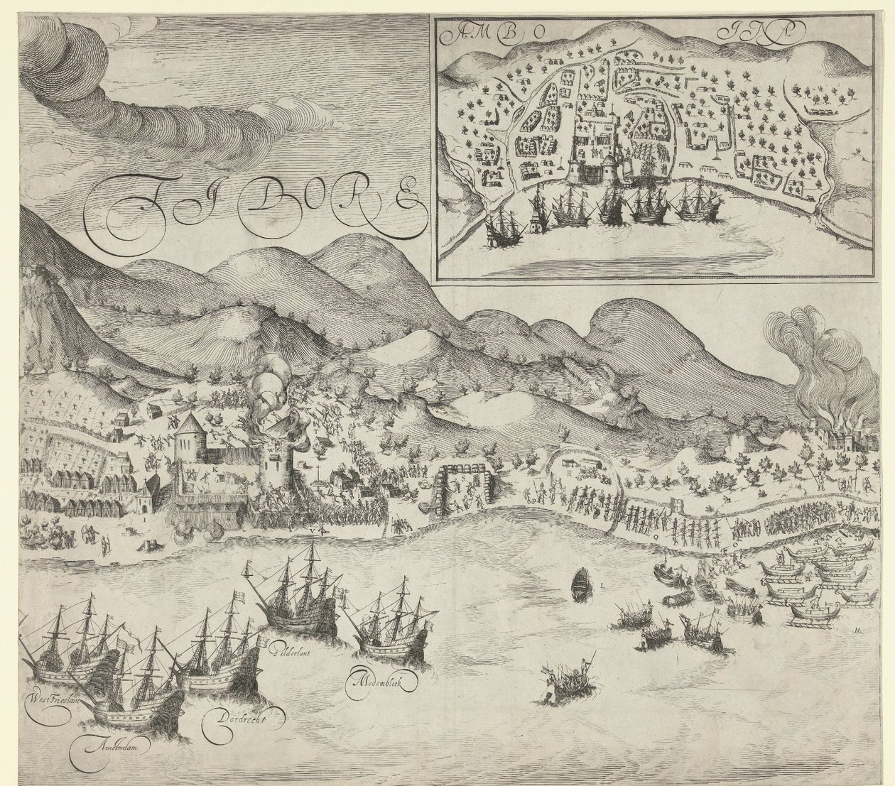 A hollandok győzelme a portugálok felett Tidore-n (jobb oldali kép), 1605 alkotó: Simon Frisius