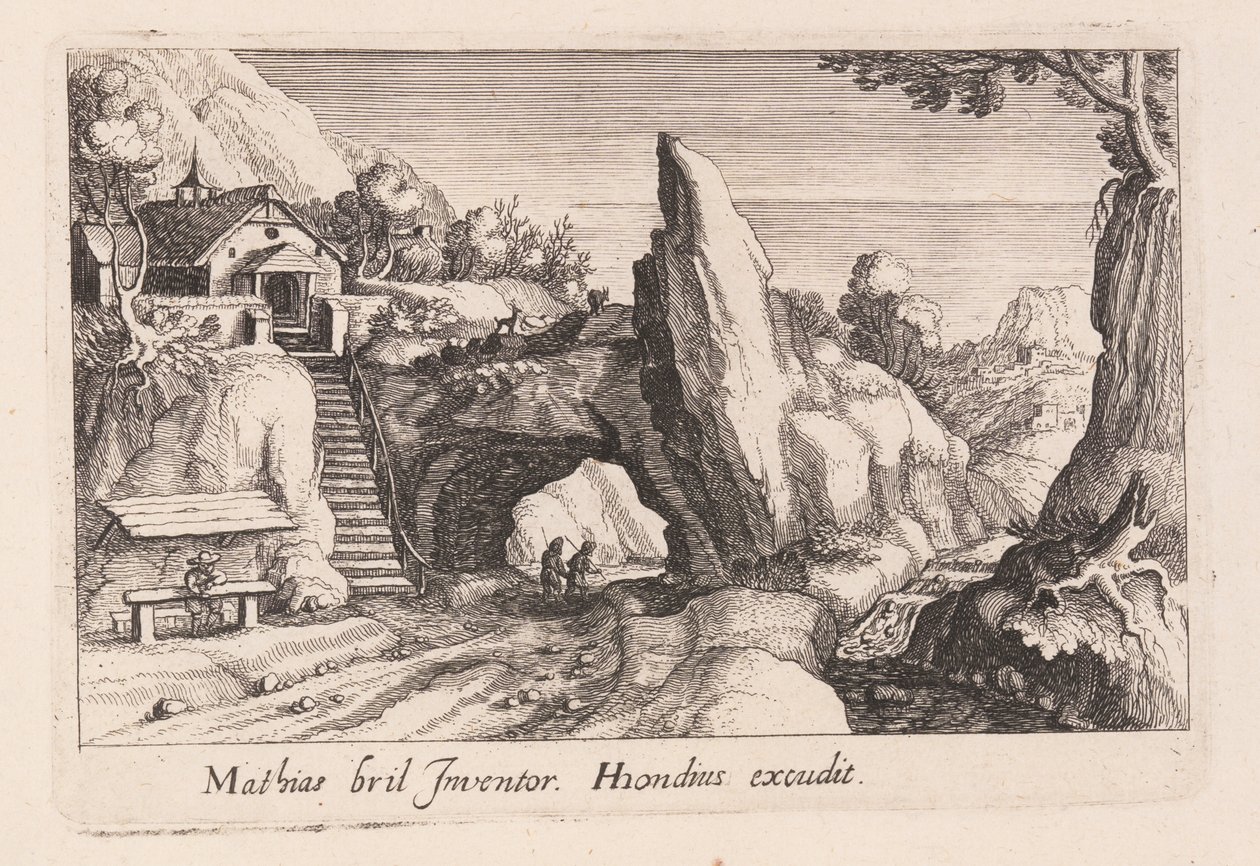 Sziklahíd alatt sétáló alakok párja, a Topographia Variarum Regionumból alkotó: Simon Frisius