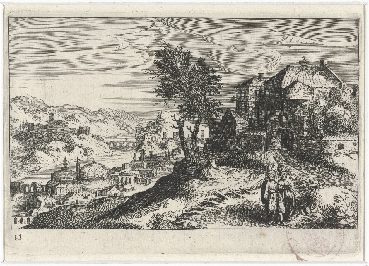 Folyó völgye épületekkel Dél-európai tájak (sorozat címe) Topographia variarum regionum (sorozat címe) alkotó: Simon Frisius