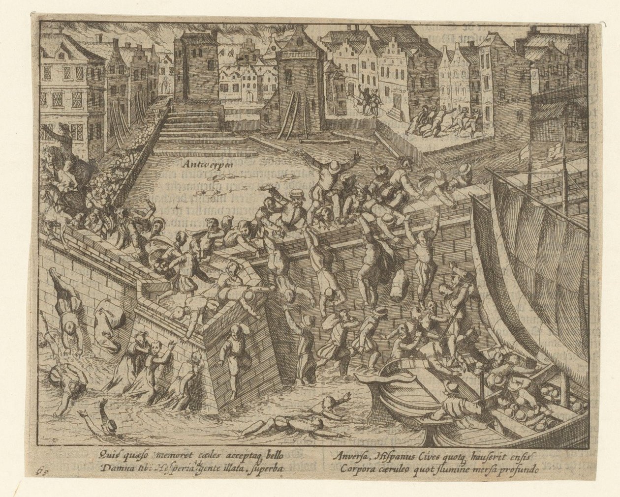 A spanyol fúria: a lakosok a Schelde folyóba menekülnek, 1576 alkotó: Simon Frisius