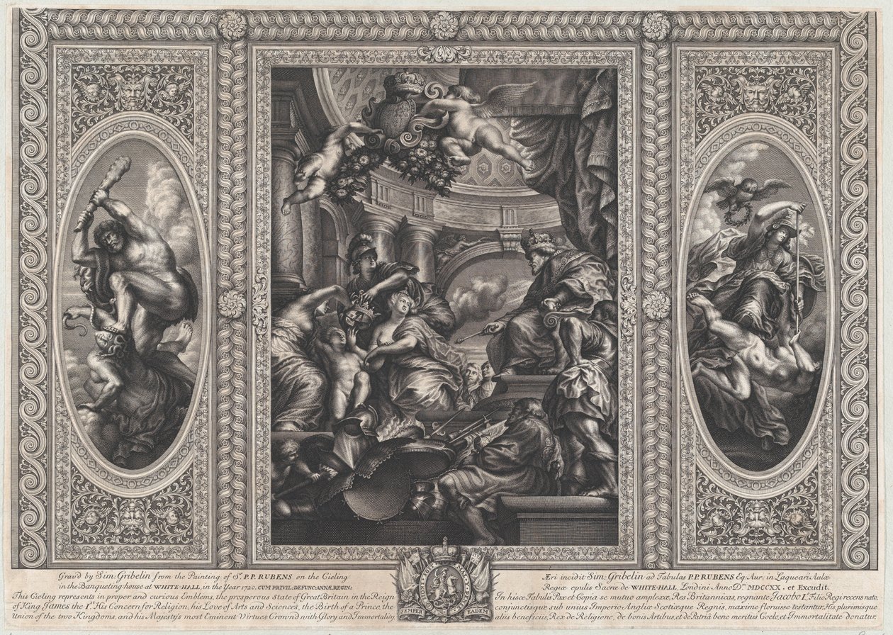 Egy allegorikus jelenet, amely Jakab uralkodásának előnyeit mutatja be a középpontban, a bölcs kormány csavargója..., 1720. alkotó: Simon Gribelin