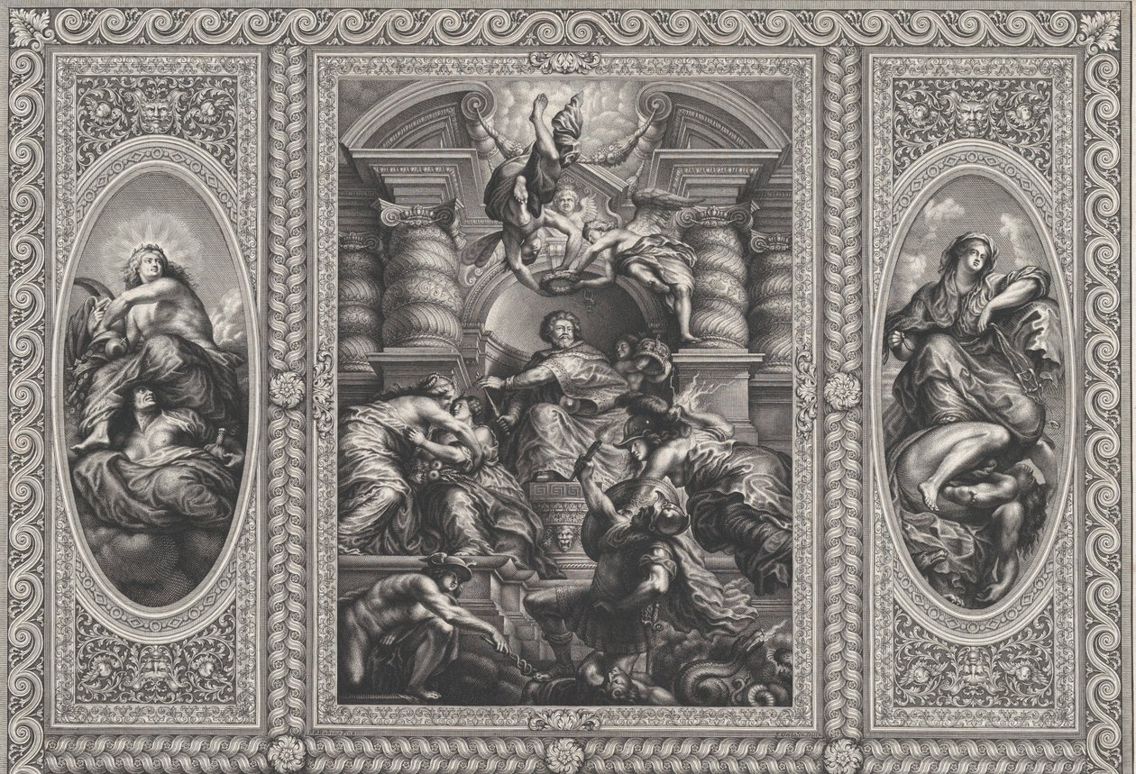 I. Jakab Károlyt nevezi ki skót királynak a középpontban, Minervát pedig a Tudatlanság lándzsájával ri..., 1720. alkotó: Simon Gribelin