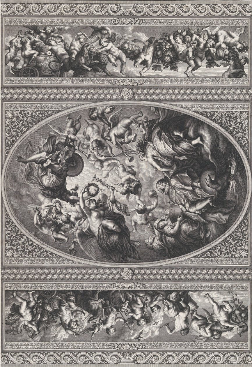 I. Jakab apoteózisa oválisan középen, frízek puttival és füzérekkel..., 1720. alkotó: Simon Gribelin