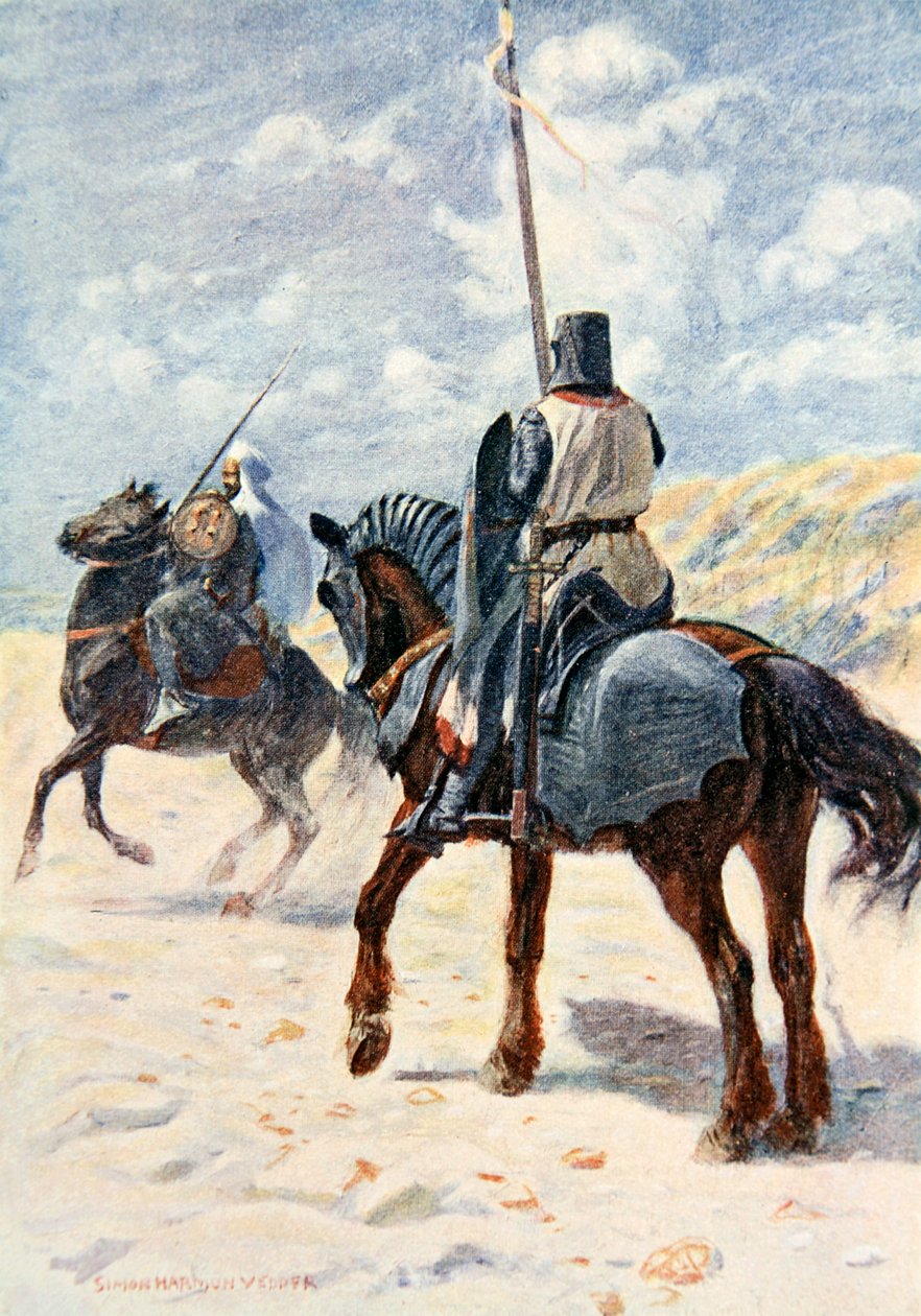 Egy szaracén közeledik egy keresztes lovaghoz, illusztrációja Sir Walter Scott „The Talisman: A Tale of the Crusaders” című művéhez. alkotó: Simon Harmon Vedder
