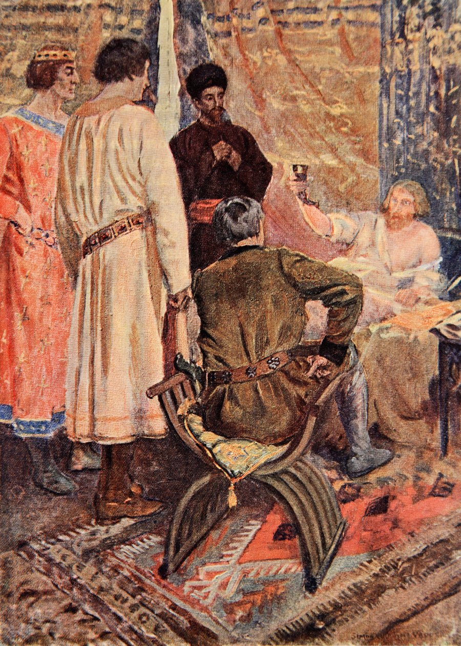 Oroszlánszívű Richárd felemelkedett az ágyában, és a kezébe vett egy csészét, amelyet Sir Walter Scott „A talizmán: A keresztes lovagok története” című művéhez illusztrál. alkotó: Simon Harmon Vedder