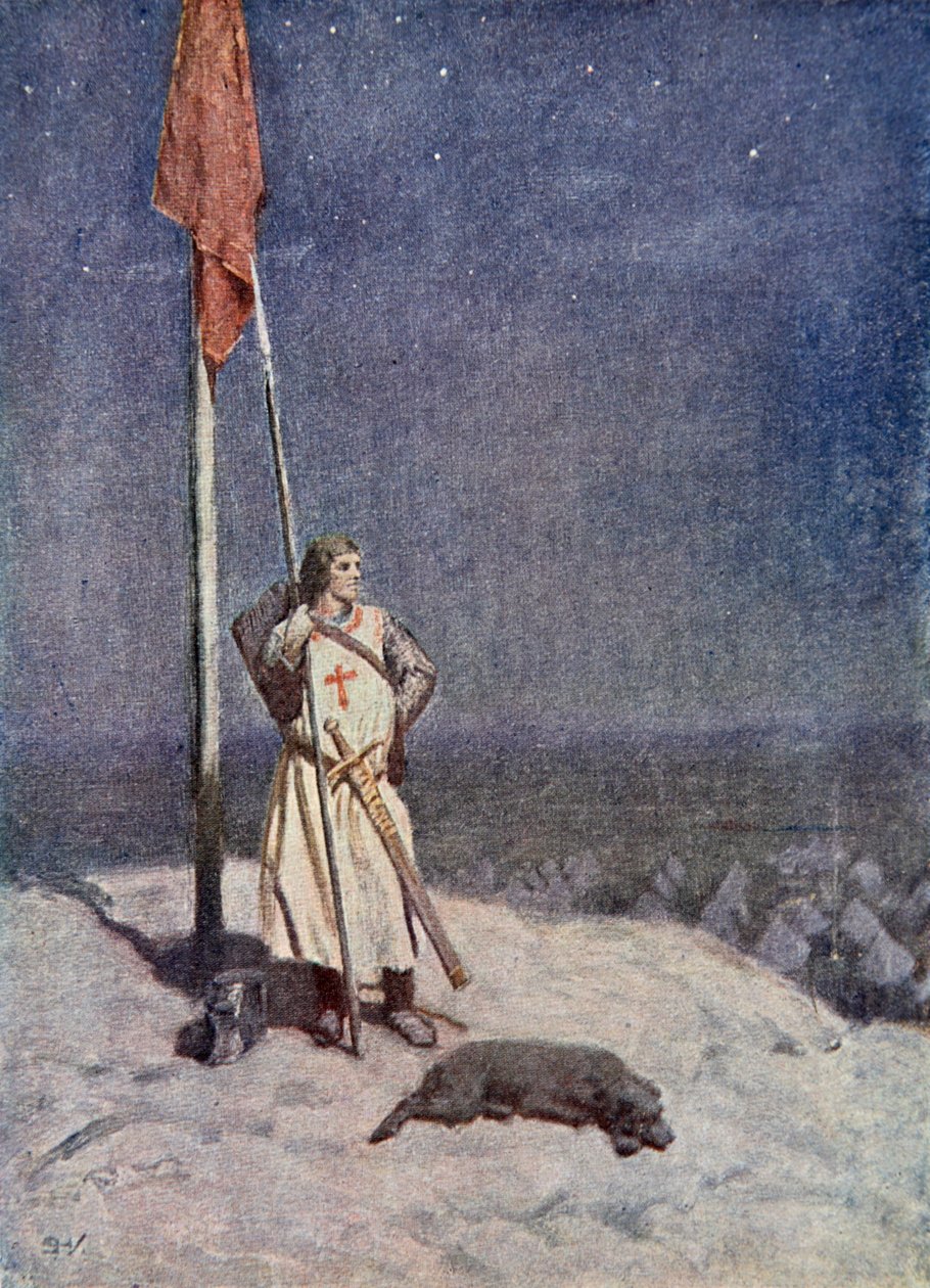 A lovag virraszt a Szent György-hegyen Anglia zászlójával, illusztrációja Sir Walter Scott „A talizmán: A keresztes lovagok története” című művéből alkotó: Simon Harmon Vedder