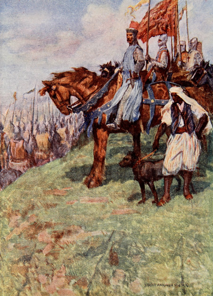 Az Oroszlánszívű lóháton ülve mellette a núbiai rabszolga állt, pórázon tartott vadászkutyával, illusztrációja Sir Walter Scott "A talizmán: A keresztes lovagok meséje" című könyvéből. alkotó: Simon Harmon Vedder
