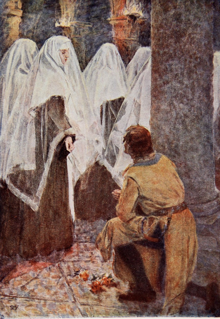 A skót lovag féltérdre ereszkedve figyelte, ahogy a fátyolos apácák elsétálnak mellette, a "Talizmánt" illusztrálva: A Talealisalis: Sir Walter Scott: A keresztes lovagok története. alkotó: Simon Harmon Vedder