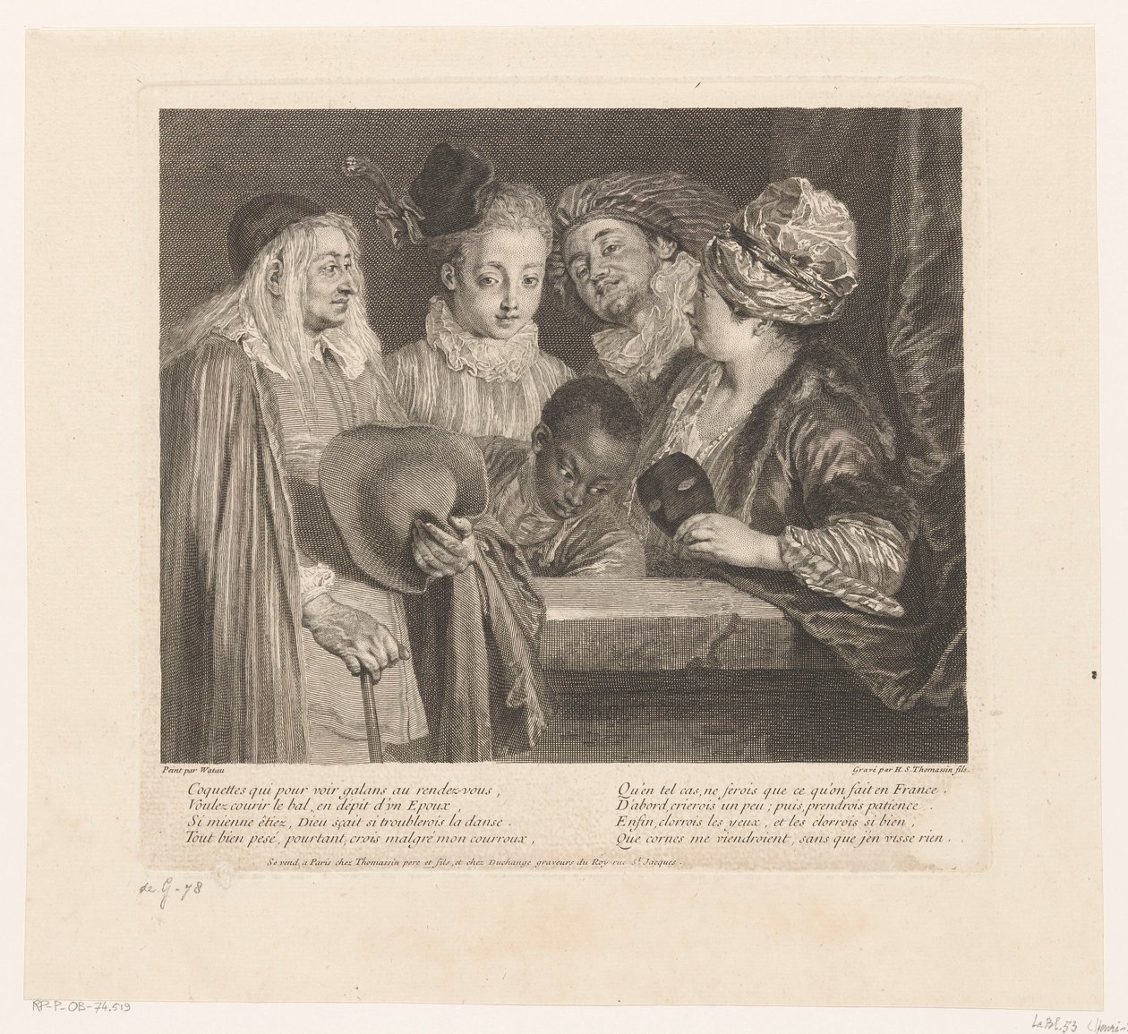 Gezelschap van vijf actors bij een parapet A kacérok Antoine Watteau munkája (sorozat címe) Antoine Watteau, a Királyi Festészeti és Szobrászati ​​Akadémia királyfestőjének munkája (...) (sorozat címe) alkotó: Simon Henri Thomassin