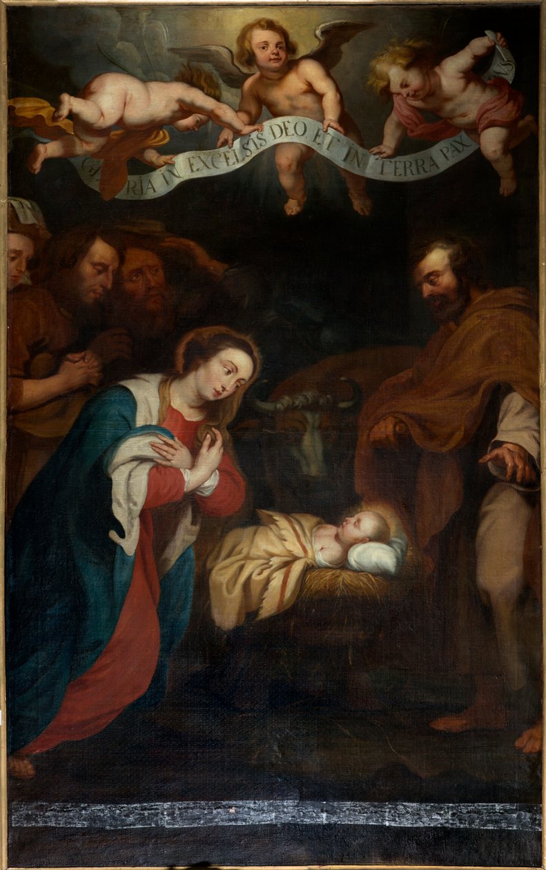 Plébániatemplom (Saint Laurentius plébániatemplom). Belső. északi folyosó. Az oltár. festmény. "Krisztus születése". aláírta Simon de Pape. 1666. alkotó: Simon II de Pape