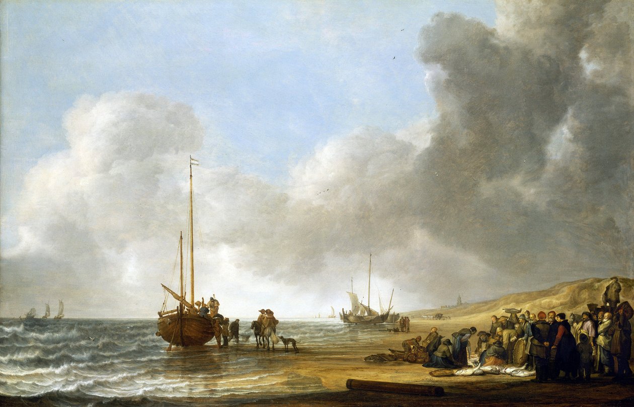 Jelenet a scheveningeni strandon (Hága, Hollandia), balra a tenger, jobbra a homokdűnék, középen egy halászhajó a hajógerincen, és egy csapat halász. alkotó: Simon Jacobsz. Vlieger