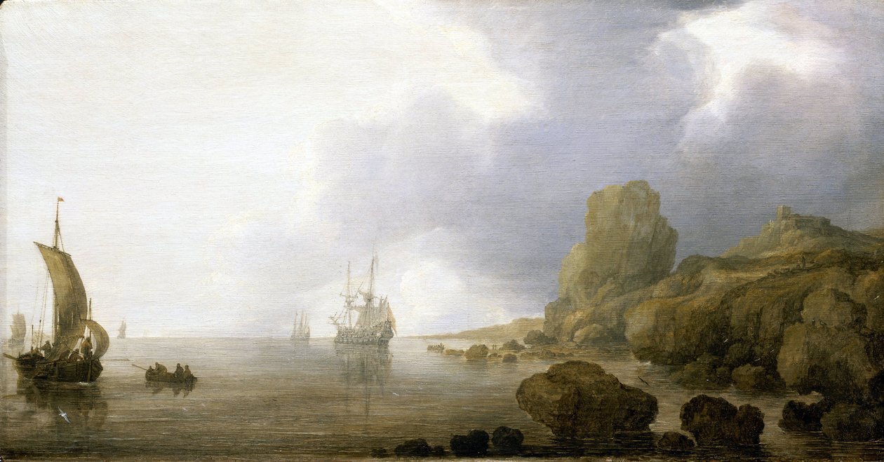 Csónakok egy sziklás öböl sekély vizében, romantikus és idealizált látomás. Olaj, fa, Simon de Vlieger (1600-1653) alkotása. alkotó: Simon Jacobsz. Vlieger