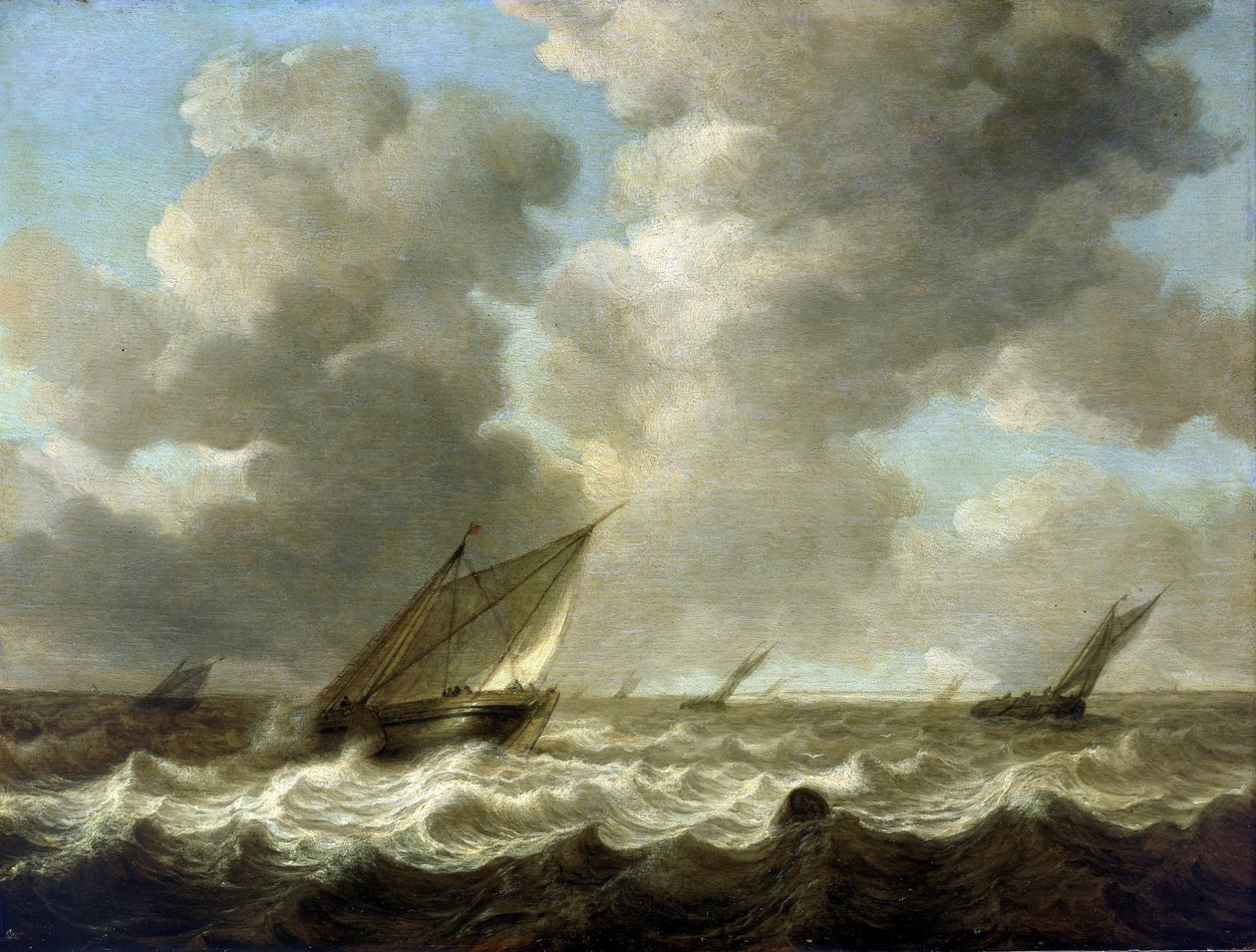 Halászhajók a háborgó tengeren, az égbolton a holland partok láthatók. Olaj, fa alkotó: Simon Jacobsz. Vlieger