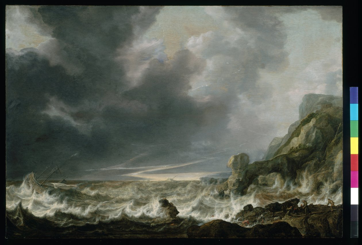 Bajban lévő hajó egy sziklás parton, 1645 körül (olaj, fa) alkotó: Simon Jacobsz. Vlieger