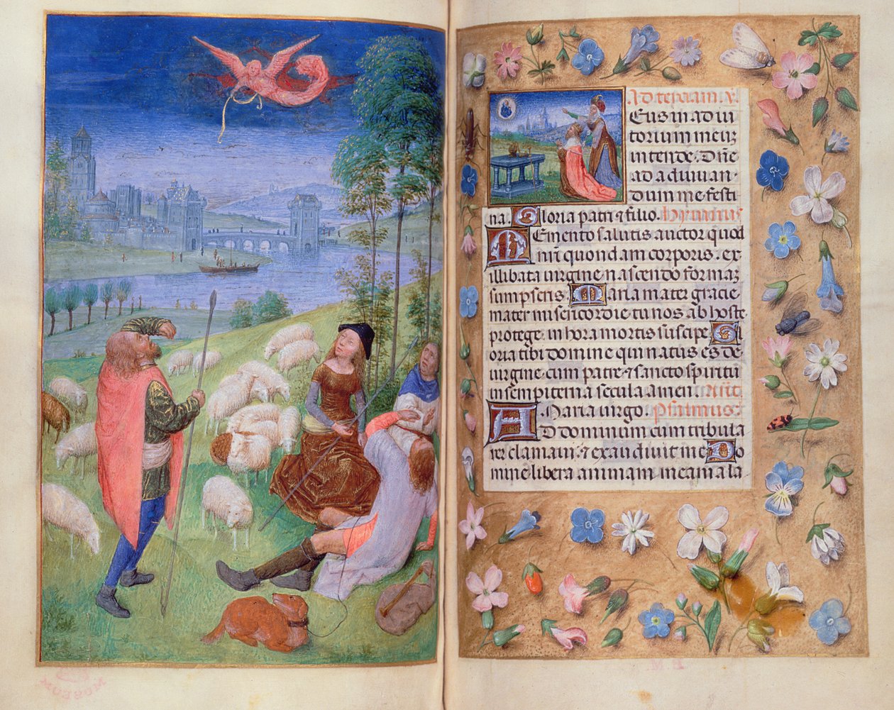 Add hozzá a 38126 fol.79v-80 Angyali üdvözlet a pásztoroknak a Huth Hours-ból alkotó: Simon Marmion