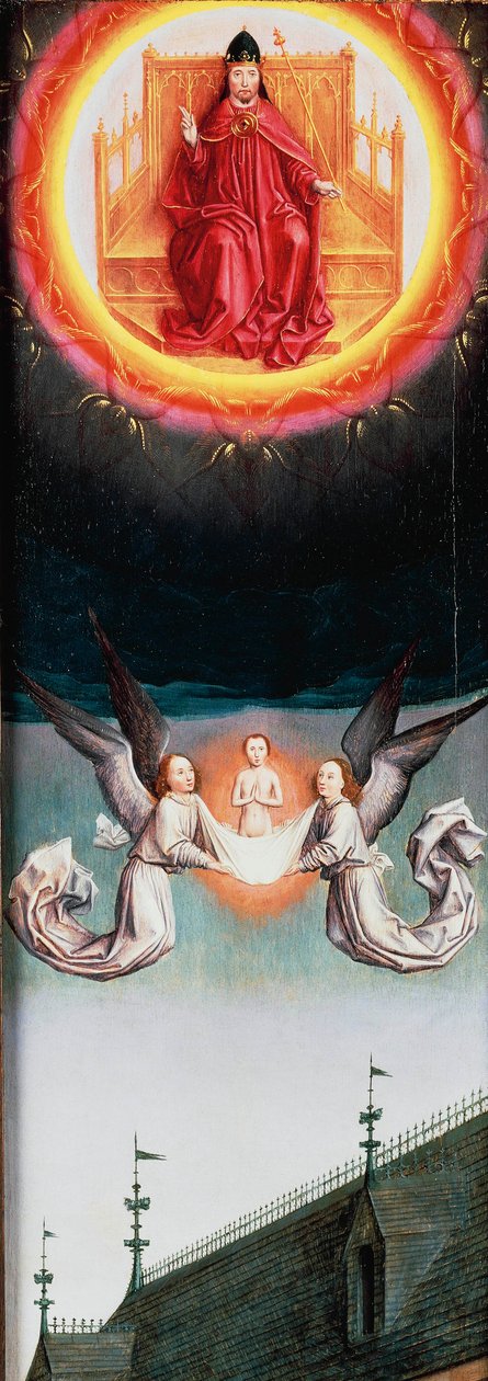 Szent Bertin égbe emelkedő lelke, Szent Bertin oltárkép töredéke, 1459 körül, Simon Marmion (kb. 1425-1489), olajtábla, 57,7x20,5 cm alkotó: Simon Marmion