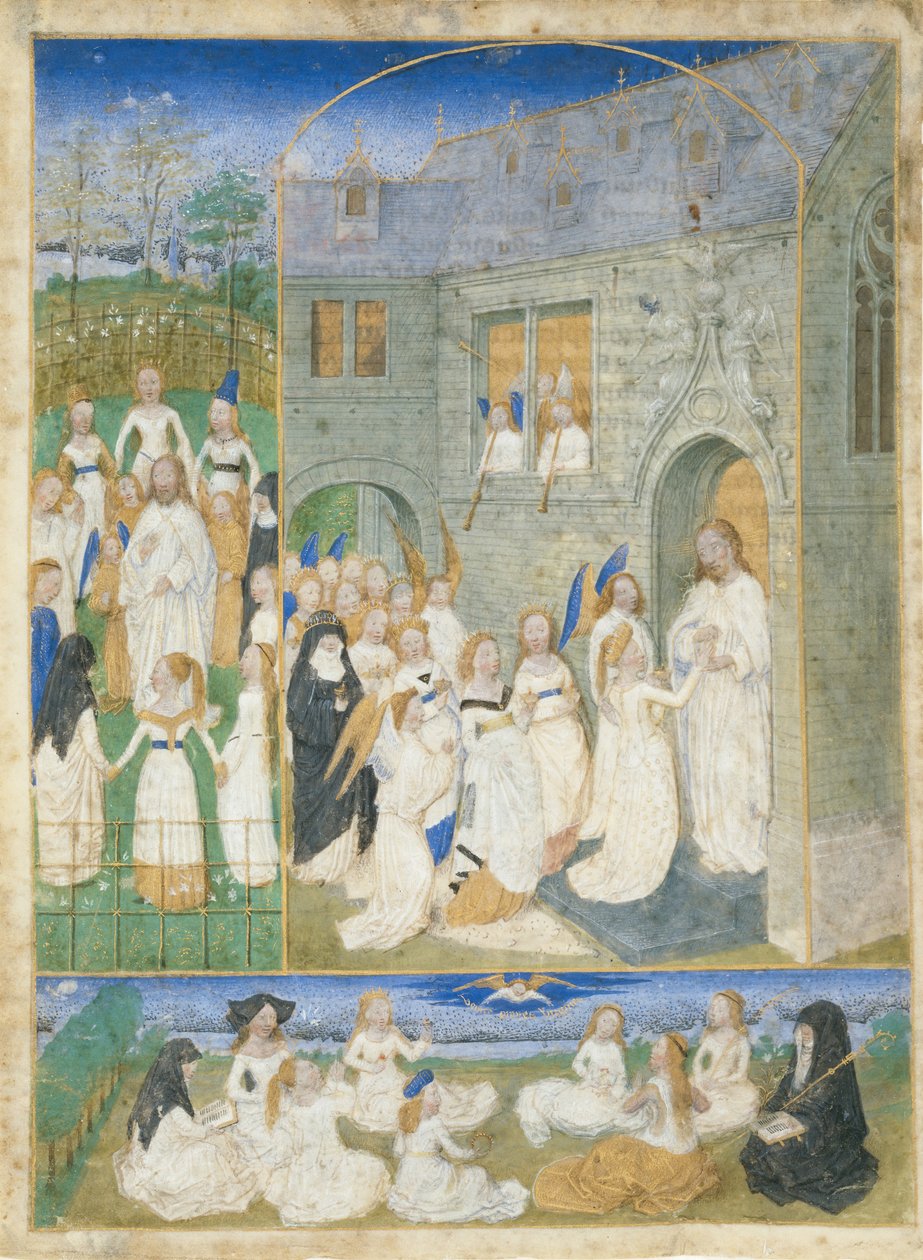 A Krisztus által köszöntött Szent Szűzek, amint belépnek a Paradicsom Kapuján, kb. 1467-70. alkotó: Simon Marmion