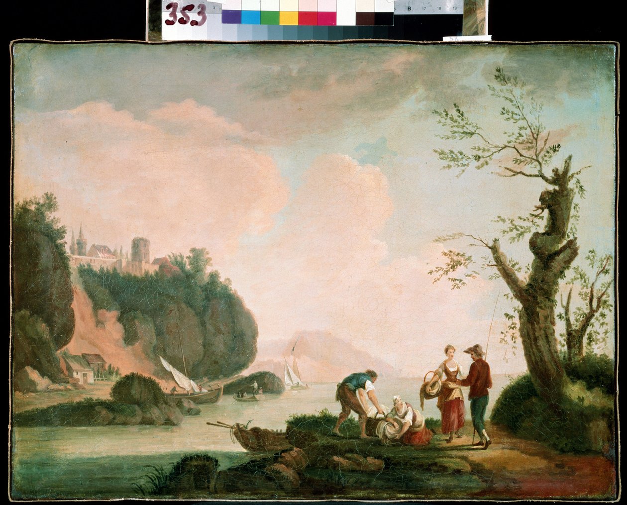 A halászok. Simon Mathurin Lantarat (1729-1778) festménye. Olajfestmény. francia művészet, rokokó. Mikhail Kroshitsky Művészeti Múzeum, Szevasztopol (Szevasztopol) Ukrajna alkotó: Simon Mathurin Lantarat