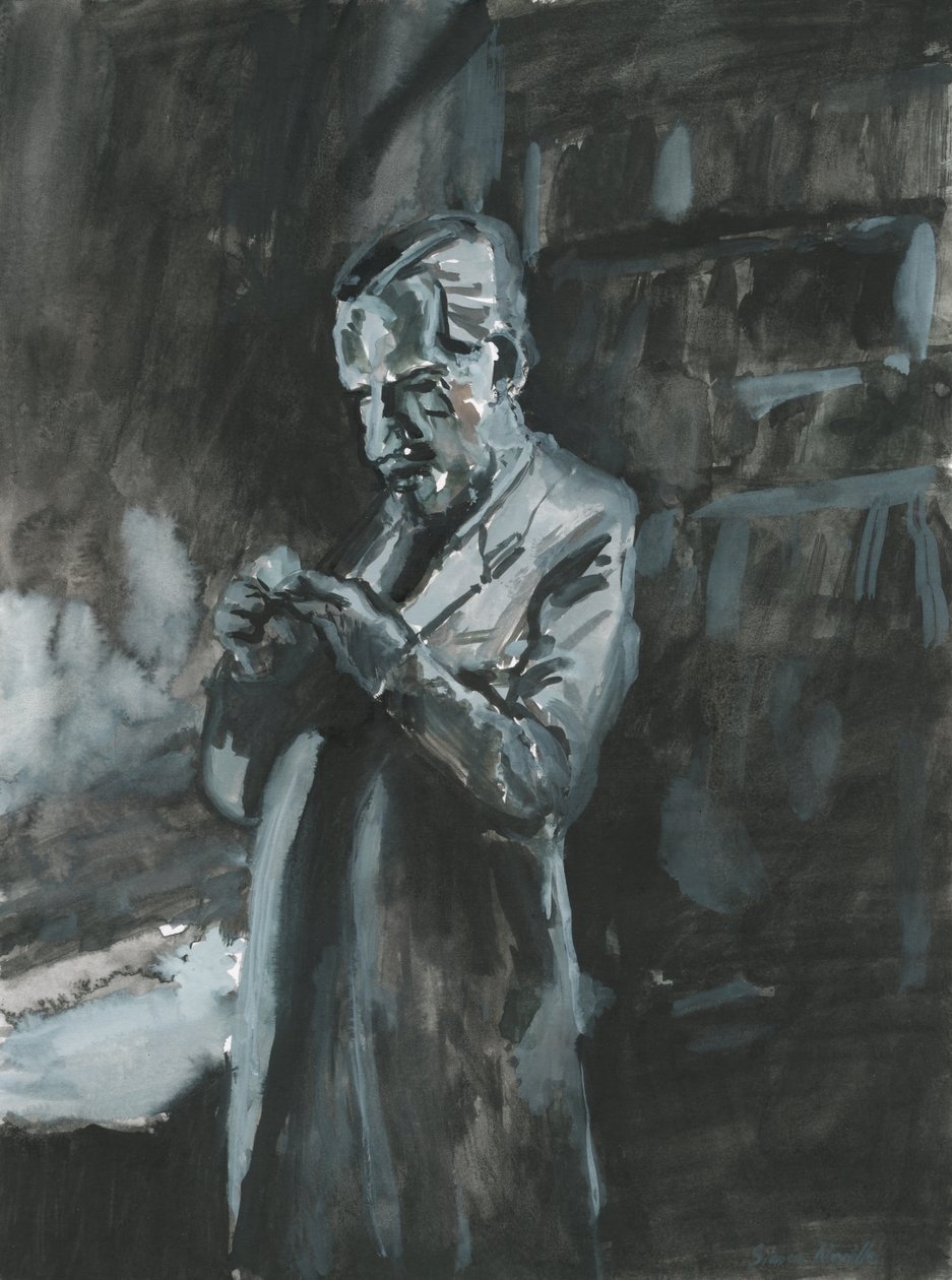 Pipázó férfi, 2019 (akvarell, papír) alkotó: Simon Neville