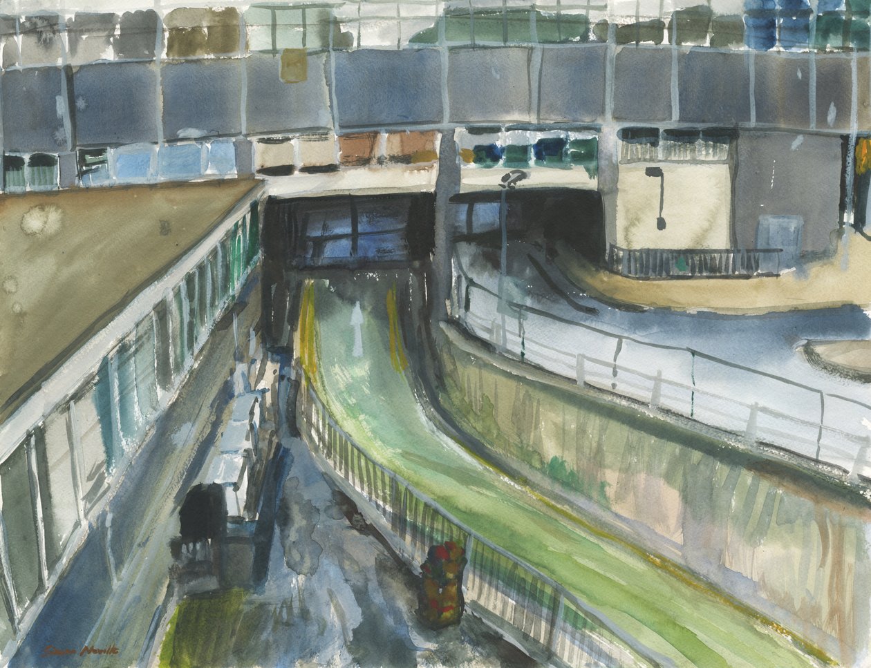 Vasútállomás taxi kijárati bejárata, 2019 (akvarell és gouache, papír) alkotó: Simon Neville