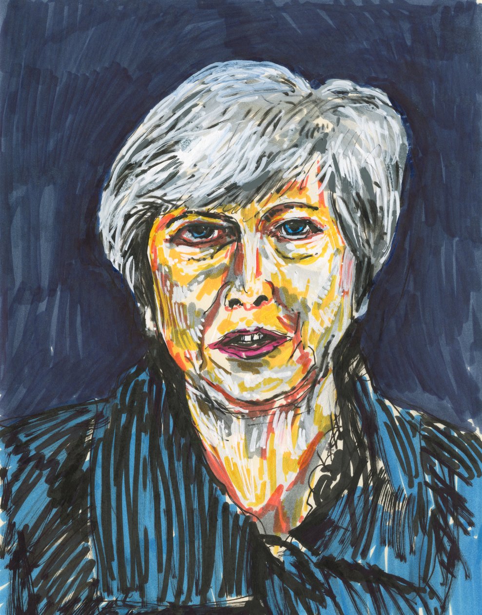 Theresa May, 2019 (tinta és akrilfesték tollak papírra) alkotó: Simon Neville