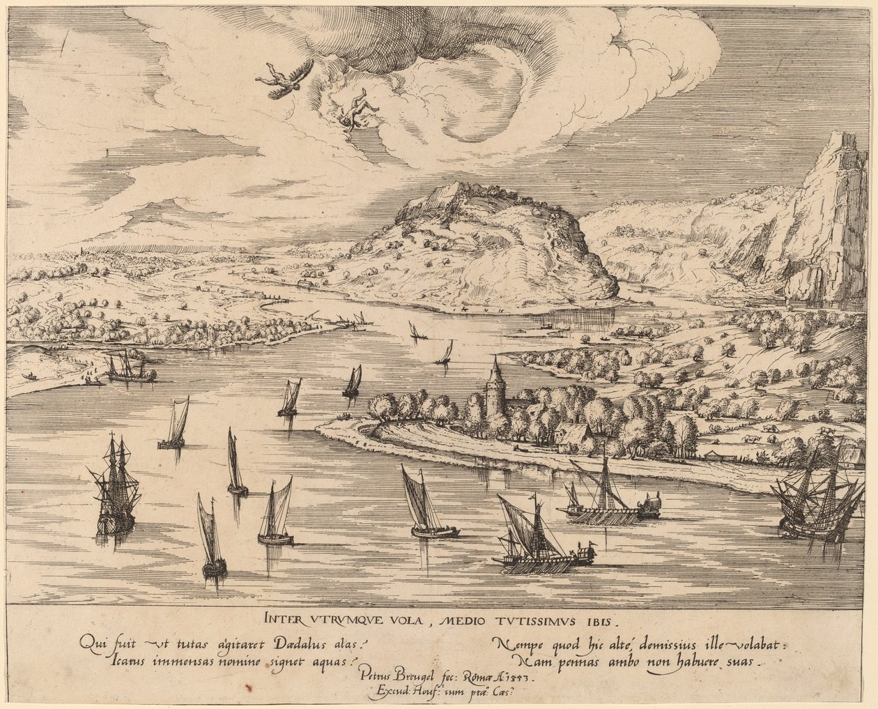 Folyói táj Ikarusz bukásával alkotó: Simon Novellanus after Pieter Bruegel the Elder