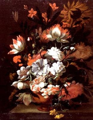 Tulipánok, szegfűk, napraforgók és egyéb virágok urnában kőpárkányon (olaj, vászon) alkotó: Simon Peeterz (follower of) Verelst