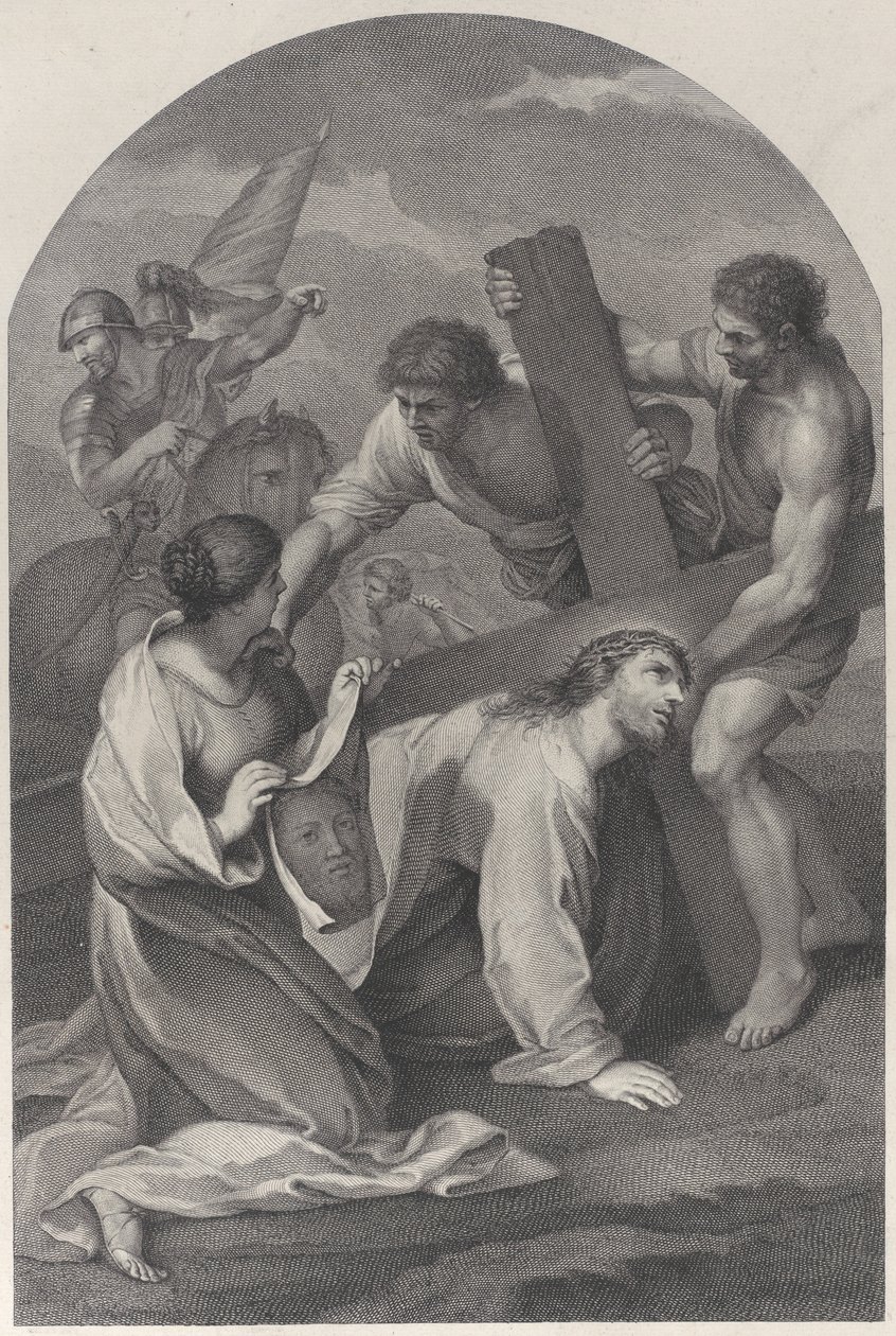 Krisztus a földre esett a kereszt súlya alatt, két férfi segédkezett és ..., kb. 1729. alkotó: Simon Vallee