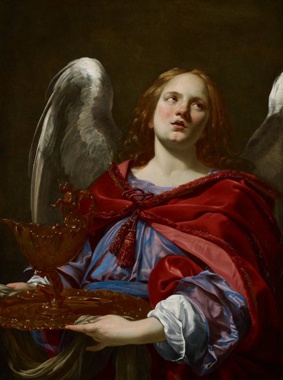 A szenvedés szimbólumaival ellátott angyalok: az angyal, aki a kezetmosó edényt és törülközőt tartja Poncius Pilátus számára alkotó: Simon Vouet