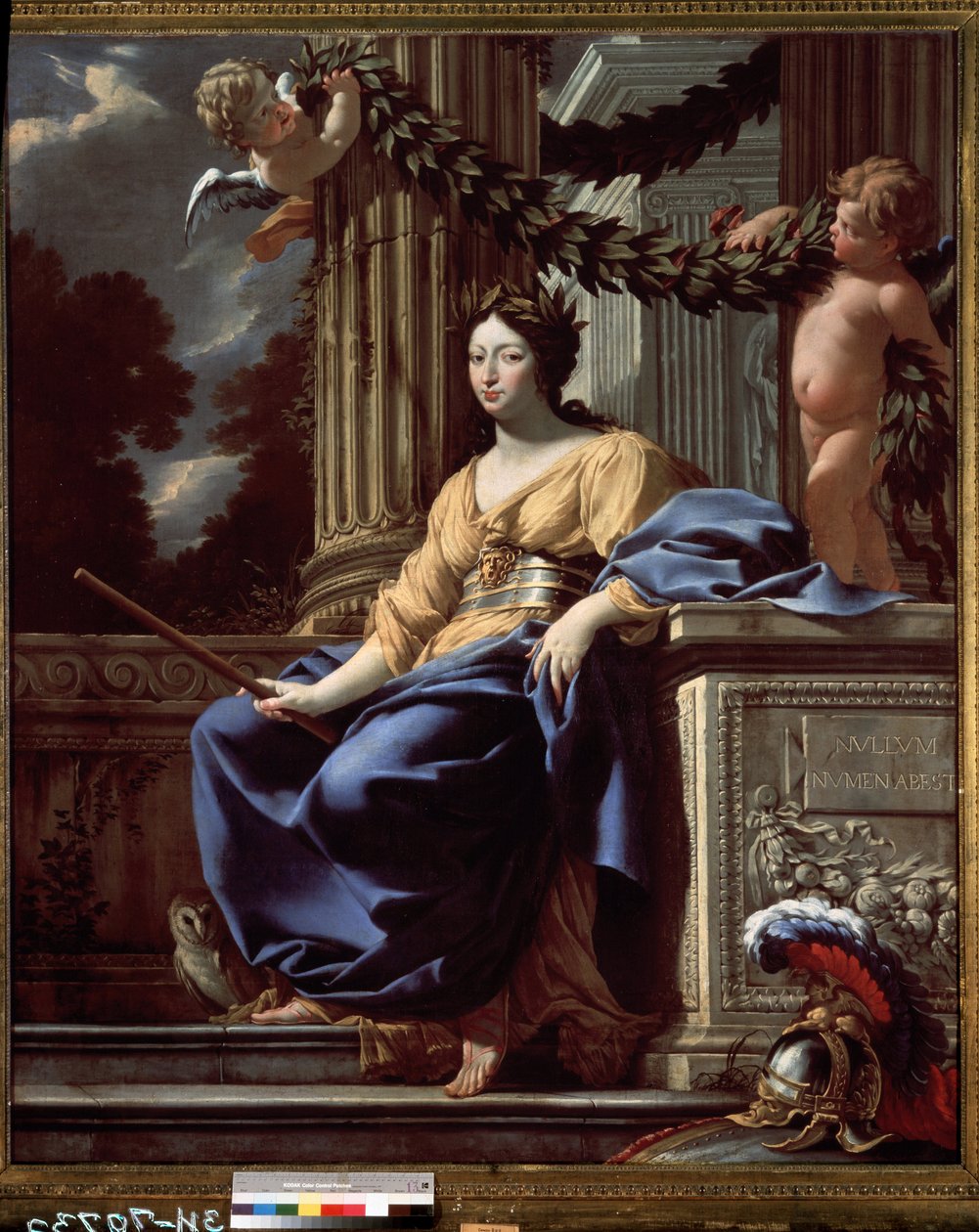 Osztrák Anna allegorikus portréja (1601-1666) (Ausztria Anna allegorikus portréja). A francia királynő Minerva (Athéné) istennőként szerepelt, körülvéve tulajdonságaival (sisak, pajzs, bagoly és öv Medúza maszkjával). Bejegyzés alkotó: Simon Vouet