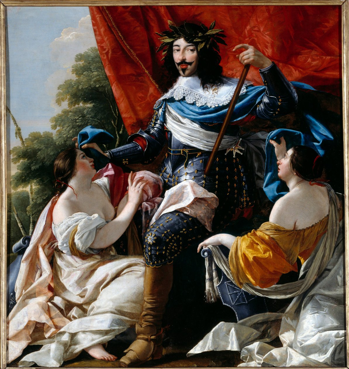 XIII. Lajos francia király (1601-1643) ábrázolása Franciaország és Navarra allegóriái között Simon Vouet (1590-1649) műhelyének festménye 17. század V. 1,79x1,41 m alkotó: Simon Vouet