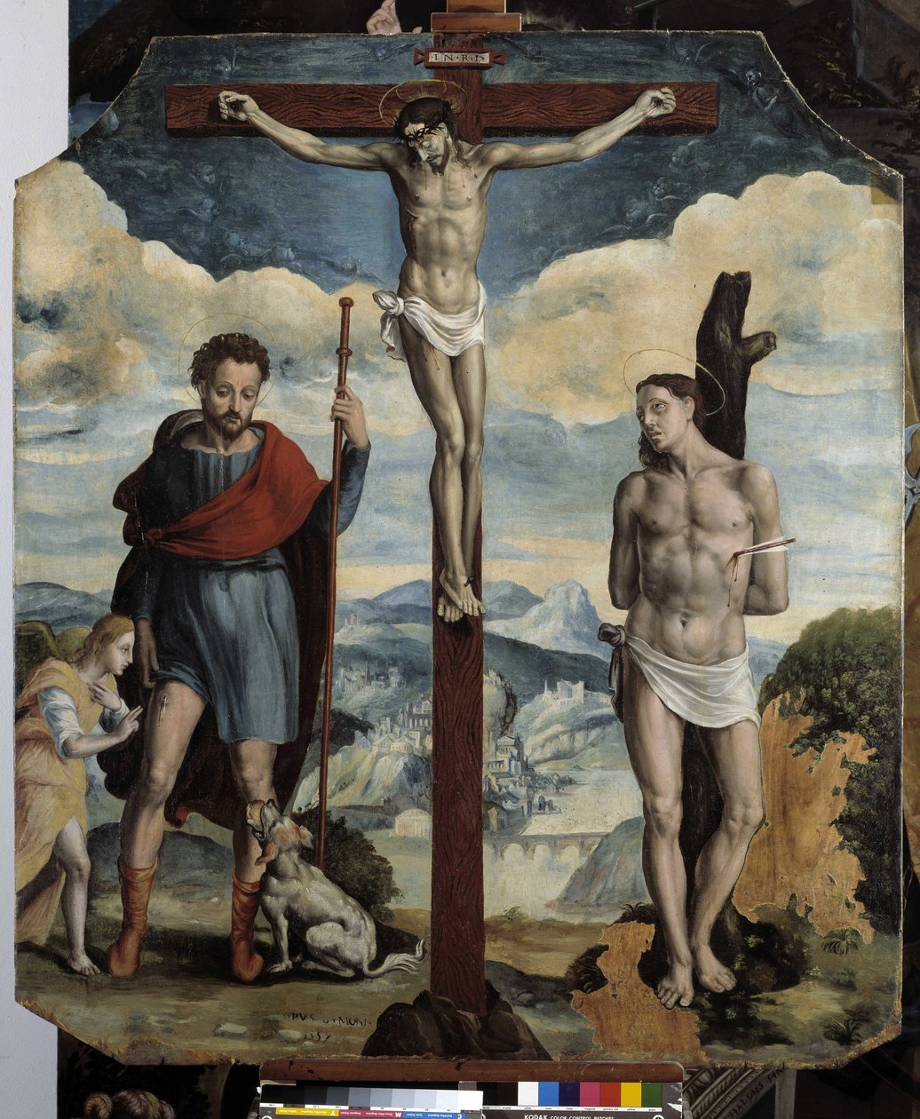 Keresztre feszítés Szent Rókussal és Szent Sebestyénnel (olaj, fa) alkotó: Simon de Châlons