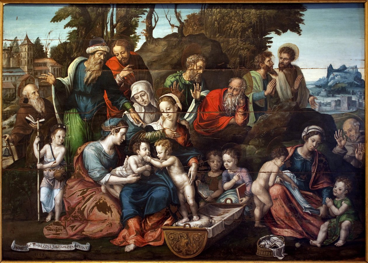 A Szent Szülő. (Szent Anna, körülvéve három egymást követő férje, Salome (kék tunika, hegyes mutatóujjal), Kleofás (piros kabátban, Marie Cleophas apja) és Joachim, a Szűz apja (piros kabát, ökölre támasztott fej) A cen alkotó: Simon de Châlons