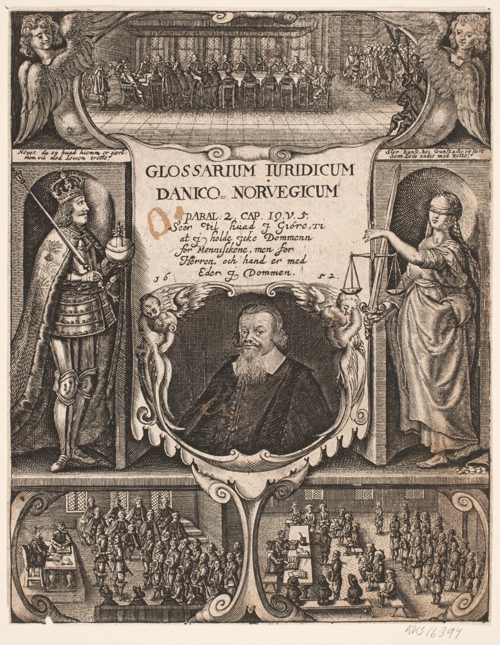 Címlap C.O. portréjával. Fátyol a "Glosarium juridicum Danico - Norvegicum"-hoz, 1652 alkotó: Simon de Pas